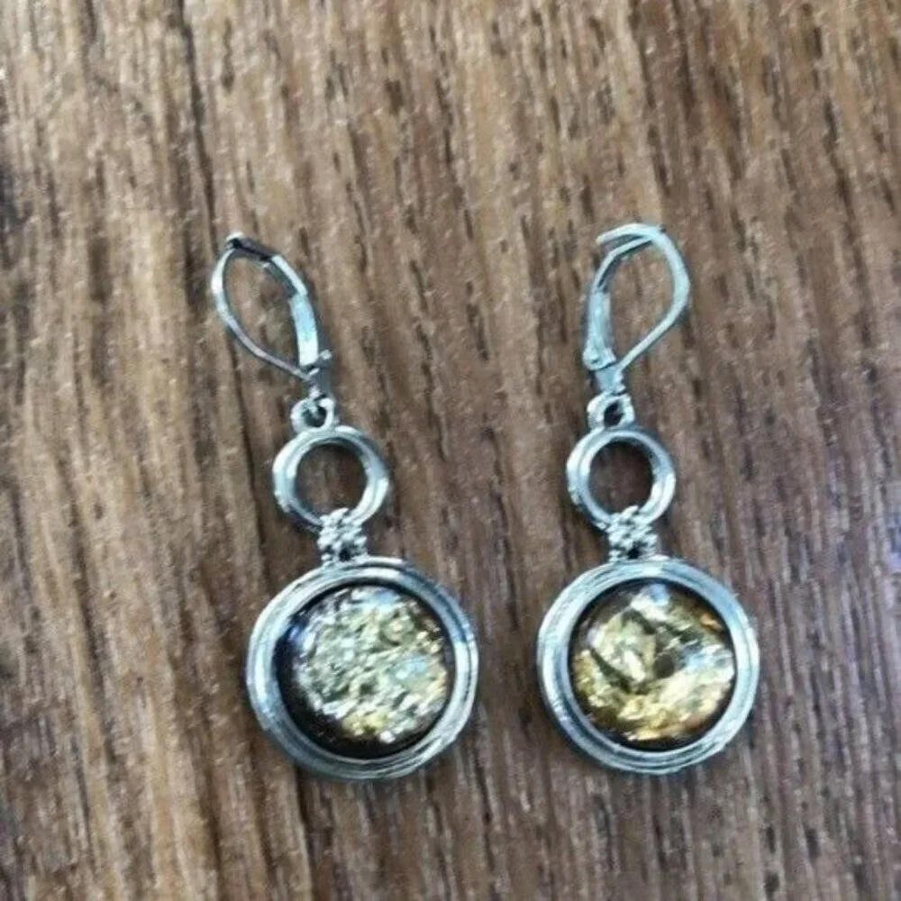 Boho Silver Gold Tone Druzy Foil Drop Earrings Lever Back Minimalist Geometric